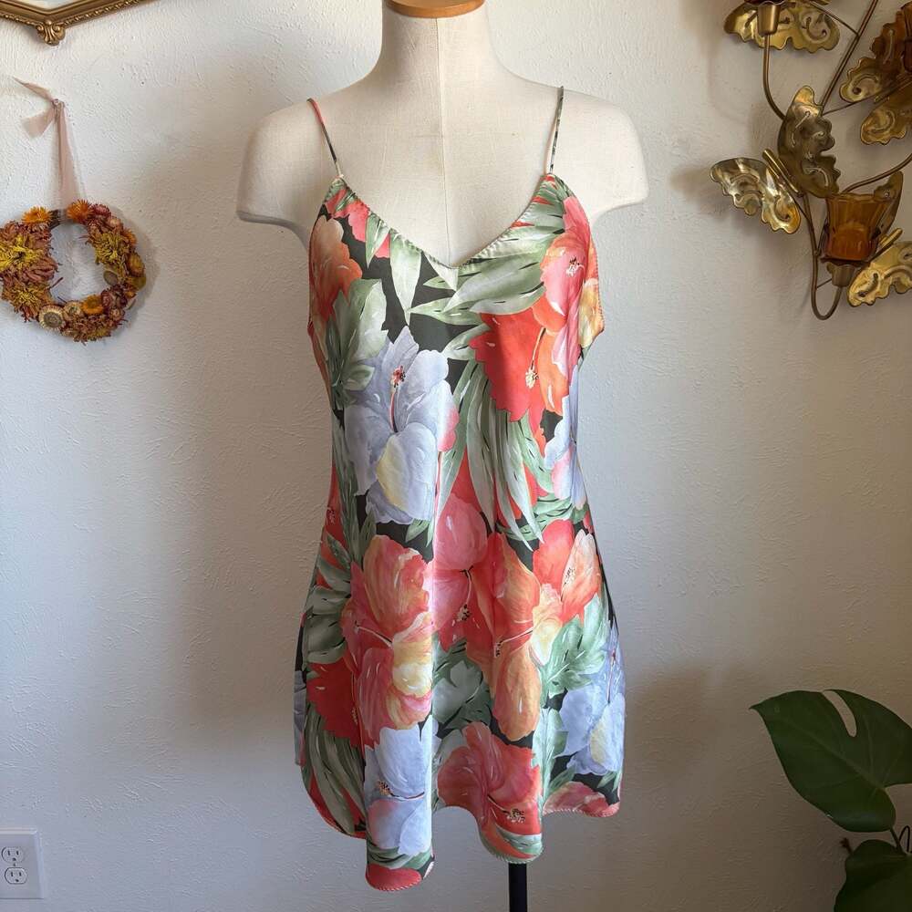 Vintage Wendy Ann Hibiscus Floral Print Silky Satin Mini Nightgown L